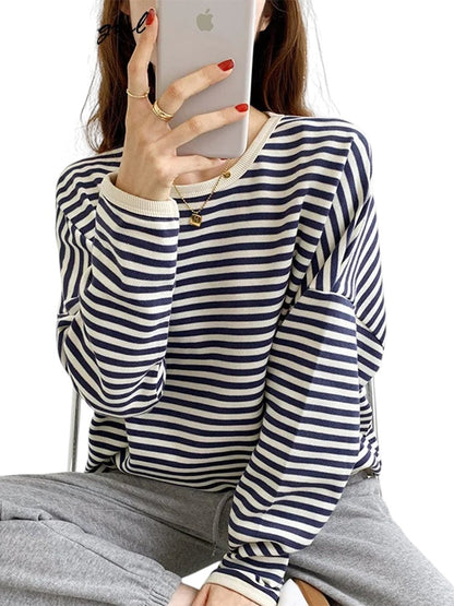 COMFORTH navy and white striped long sleeve crew neck knit sweater