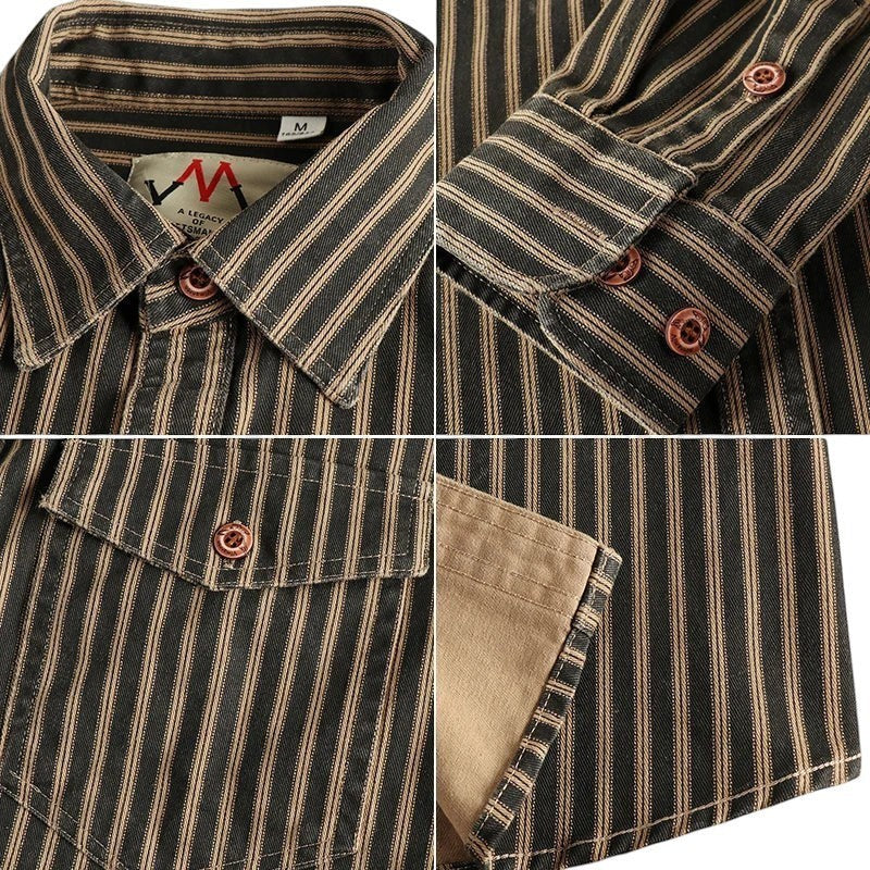 COMFORTH Men's dark grey and tan striped long sleeve button-up shirt with two chest pockets and copper buttons.