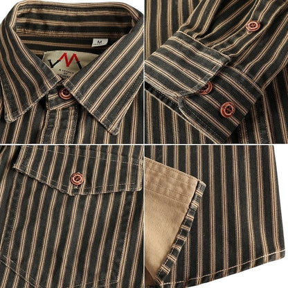 COMFORTH Men's dark grey and tan striped long sleeve button-up shirt with two chest pockets and copper buttons.
