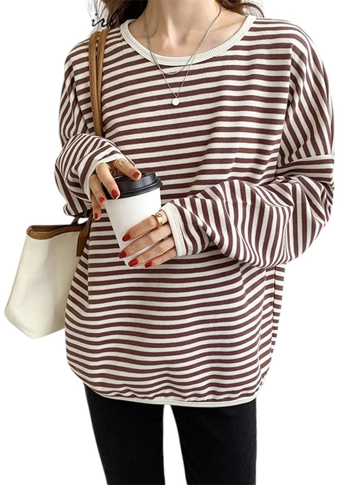 COMFORTH striped long sleeve crew neck knit sweater in brown and white, made from soft knit fabric.