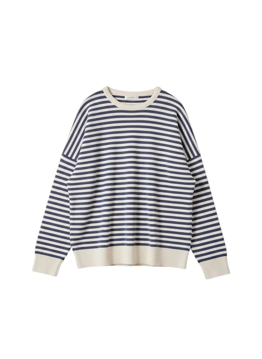 COMFORTH navy and white striped long sleeve crew neck knit sweater