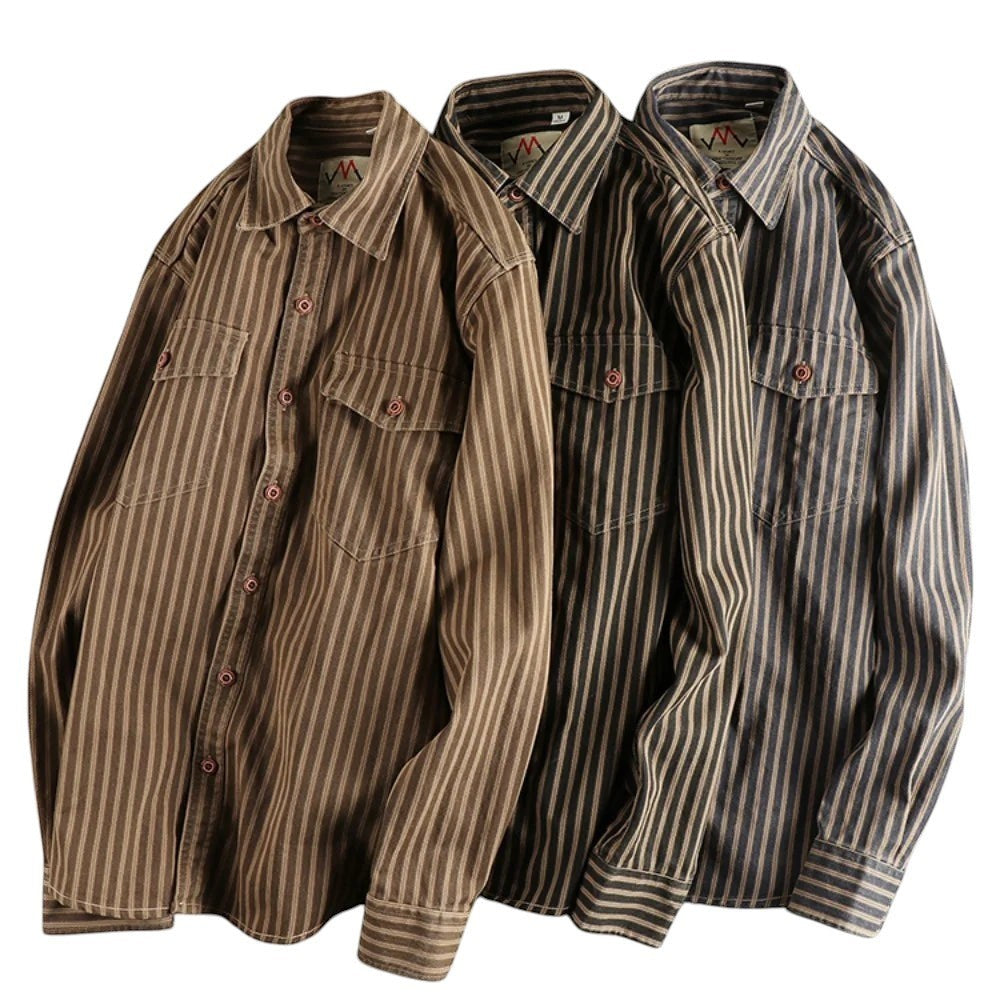 COMFORTH Men's long sleeve button-up shirt with vertical stripes and two chest pockets. Available in brown, green, and blue.