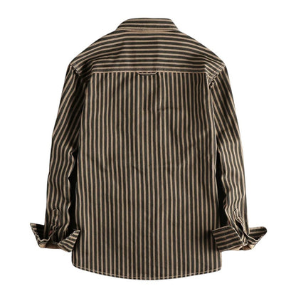 COMFORTH Men's long sleeve button-up shirt with vertical stripes in dark green and beige. Relaxed fit.