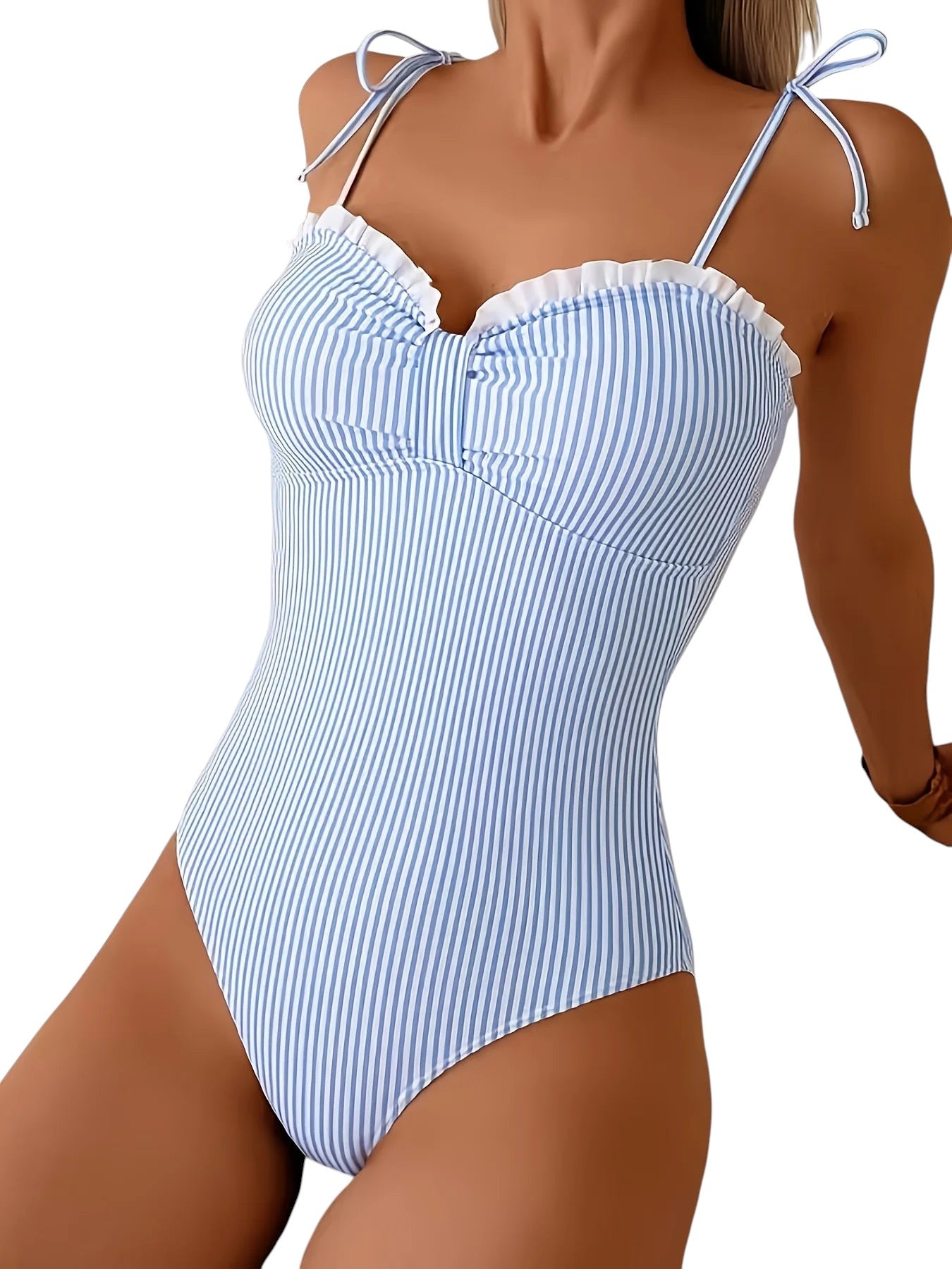 COMFORTH blue and white striped one piece swimsuit with ruffle trim and tie shoulder straps.