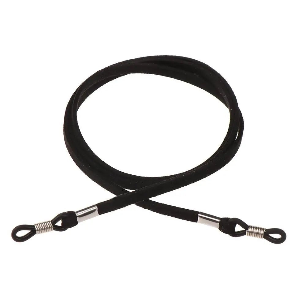 COMFORT black suede eyeglass chain strap with adjustable silicone loops and silver connectors
