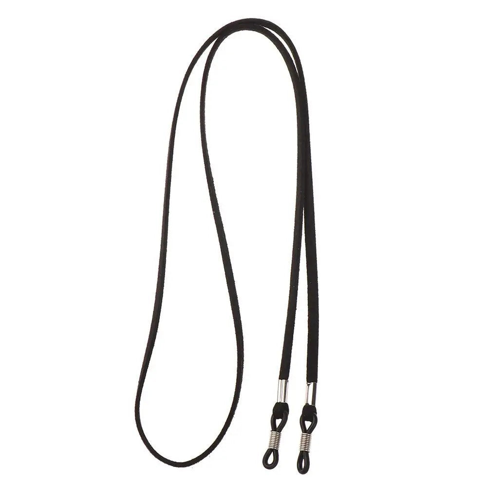 COMFORT black suede eyeglass chain strap with adjustable silicone loops and metal connectors.