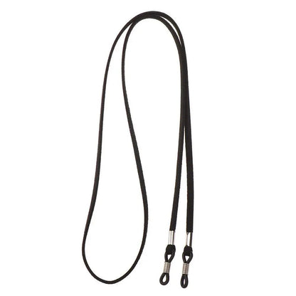 COMFORT black suede eyeglass chain strap with adjustable silicone loops and metal connectors.