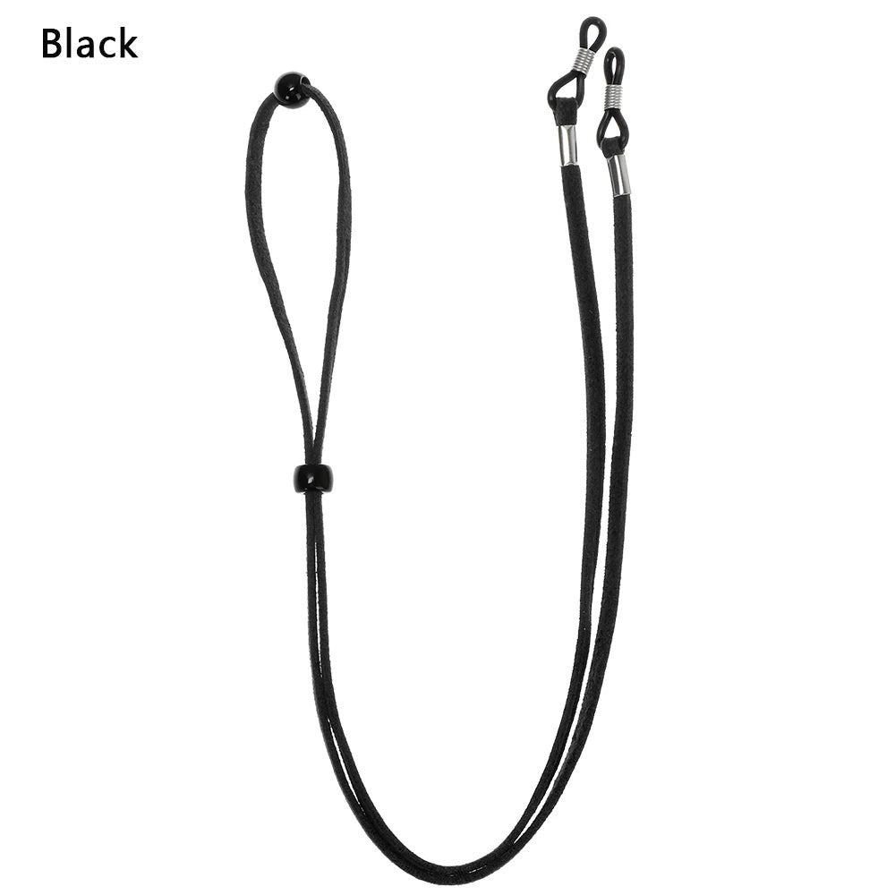 COMFORT black suede eyeglass chain strap with adjustable slider and silicone loops for secure grip.