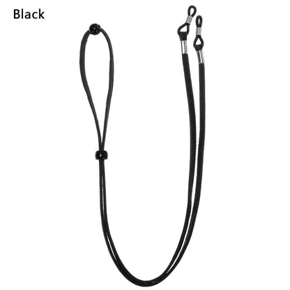 COMFORT black suede eyeglass chain strap with adjustable slider and silicone loops for secure grip.