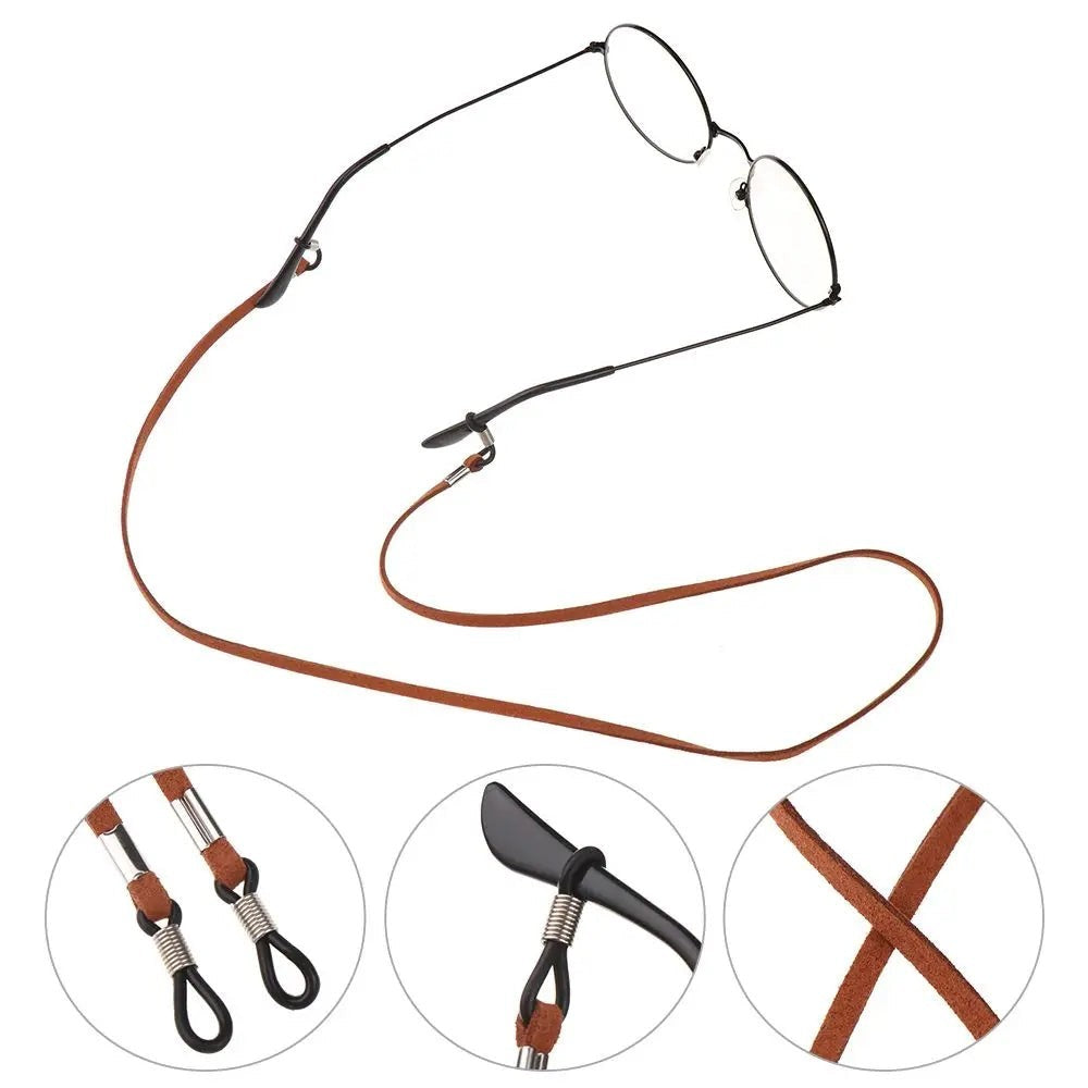 COMFORT brown suede eyeglass chain strap with adjustable silicone loops and metal connectors for glasses.