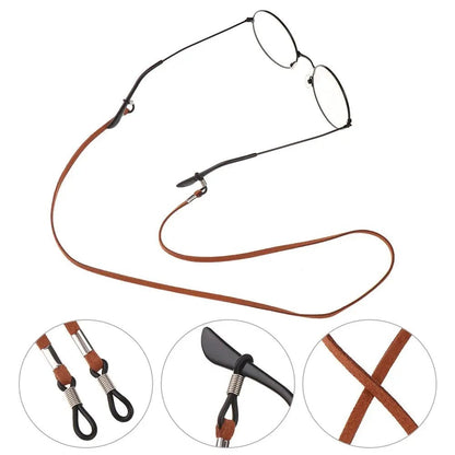 COMFORT brown suede eyeglass chain strap with adjustable silicone loops and metal connectors for glasses.