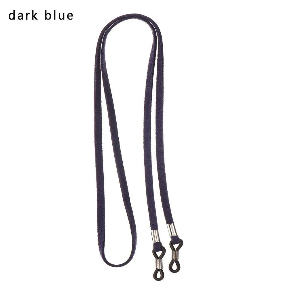 COMFORT dark blue suede eyeglass chain strap with adjustable silicone loops and metal connectors.