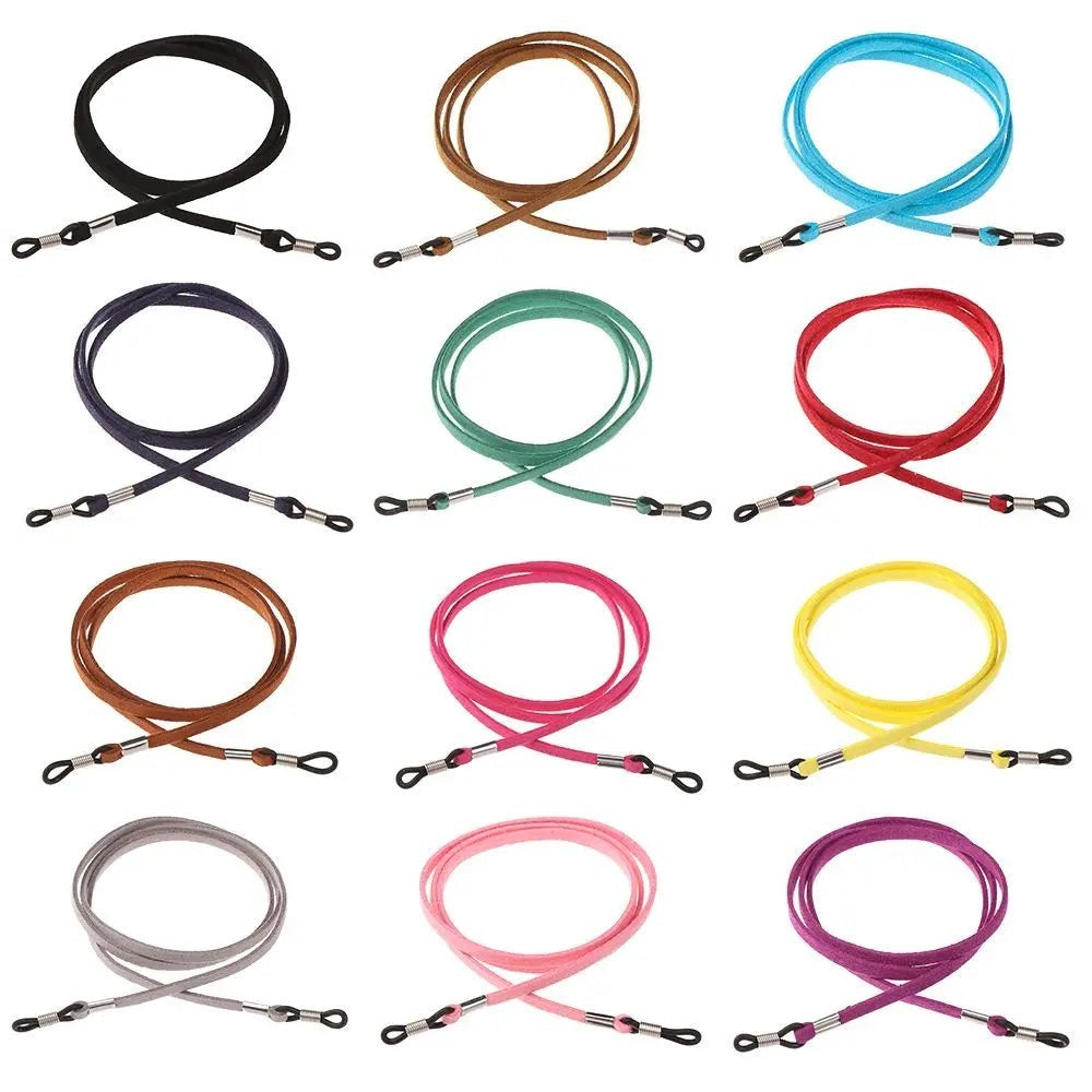 COMFORT suede eyeglass chain strap in multiple colors: black, brown, blue, navy, green, red, tan, pink, yellow, grey, light pink, purple.