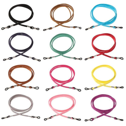 COMFORT suede eyeglass chain strap in multiple colors: black, brown, blue, navy, green, red, tan, pink, yellow, grey, light pink, purple.