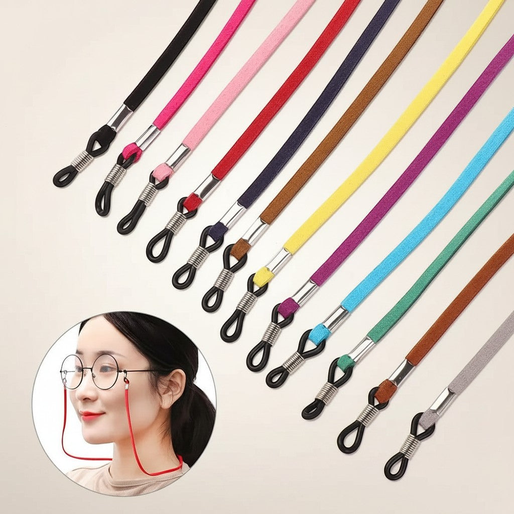 COMFORT suede eyeglass chain strap in multiple colors with adjustable silicone loops for glasses.