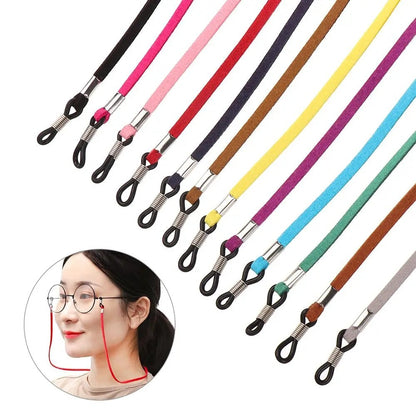 COMFORT suede eyeglass chain strap in multiple colors, with adjustable loops for secure grip.