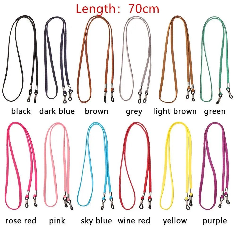 COMFORT suede eyeglass chain strap, available in black, dark blue, brown, grey, light brown, green, rose red, pink, sky blue, wine red, yellow, and purple.