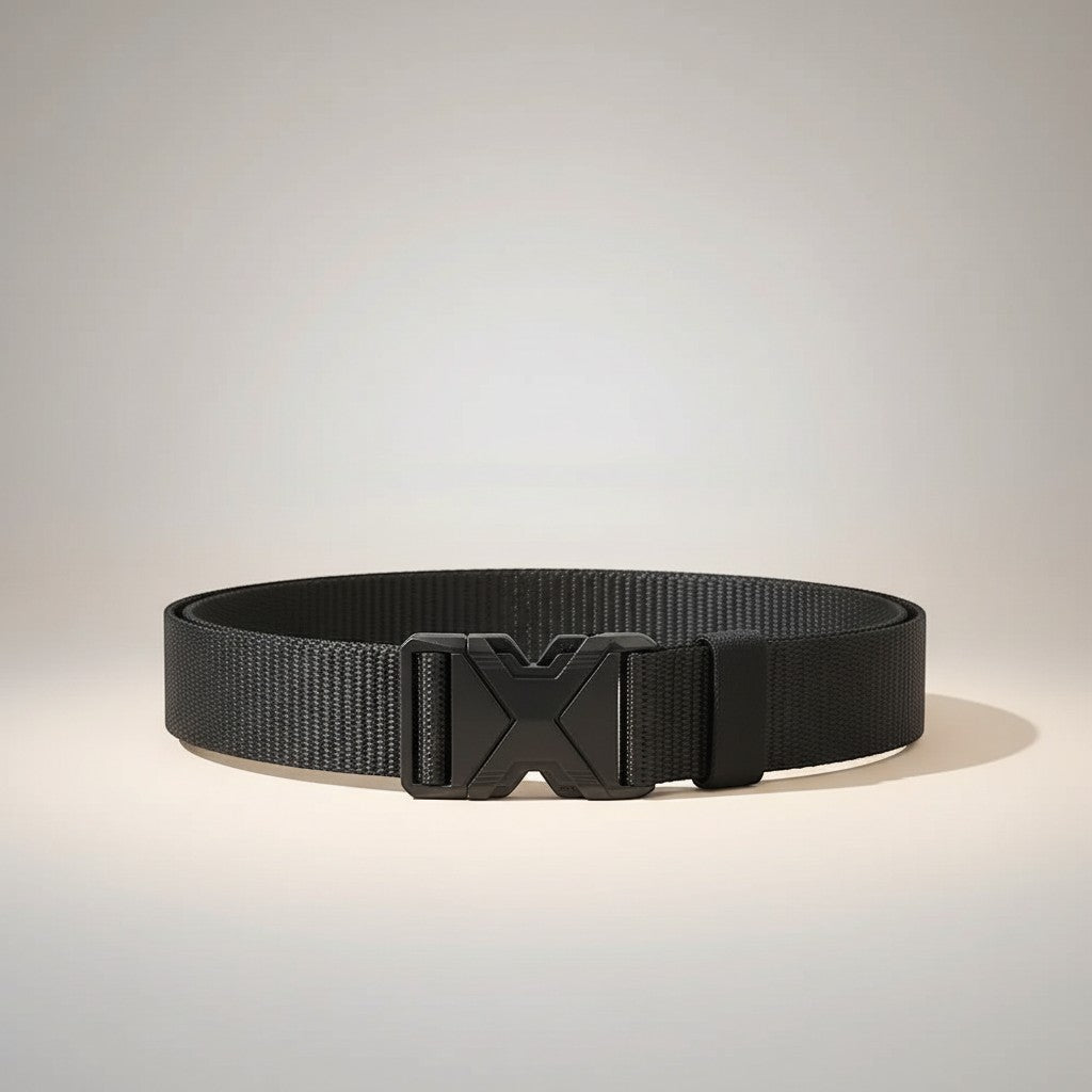 COMFORTH black nylon tactical belt with quick-release alloy buckle, adjustable fit for versatile use.