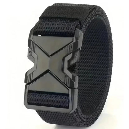COMFORTH black nylon tactical belt with quick-release alloy buckle, adjustable fit for versatile use.