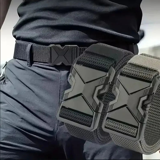 COMFORTH tactical belt with black quick-release buckle and grey nylon webbing. Adjustable and durable.