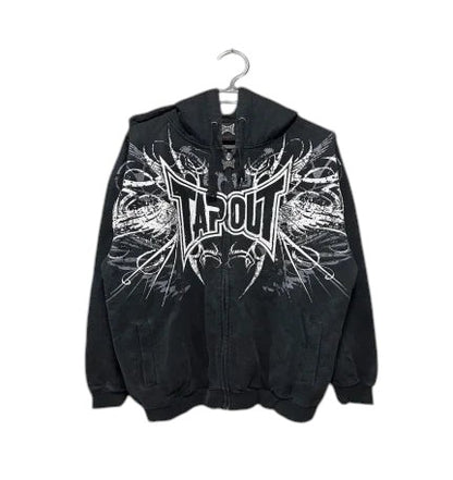 COMFORTH black zip-up hoodie with distressed white Tapout graphic. Cotton blend, drawstring hood, kangaroo pocket.