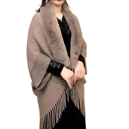 COMFORTH taupe knit poncho wrap with faux fur collar and fringe detail