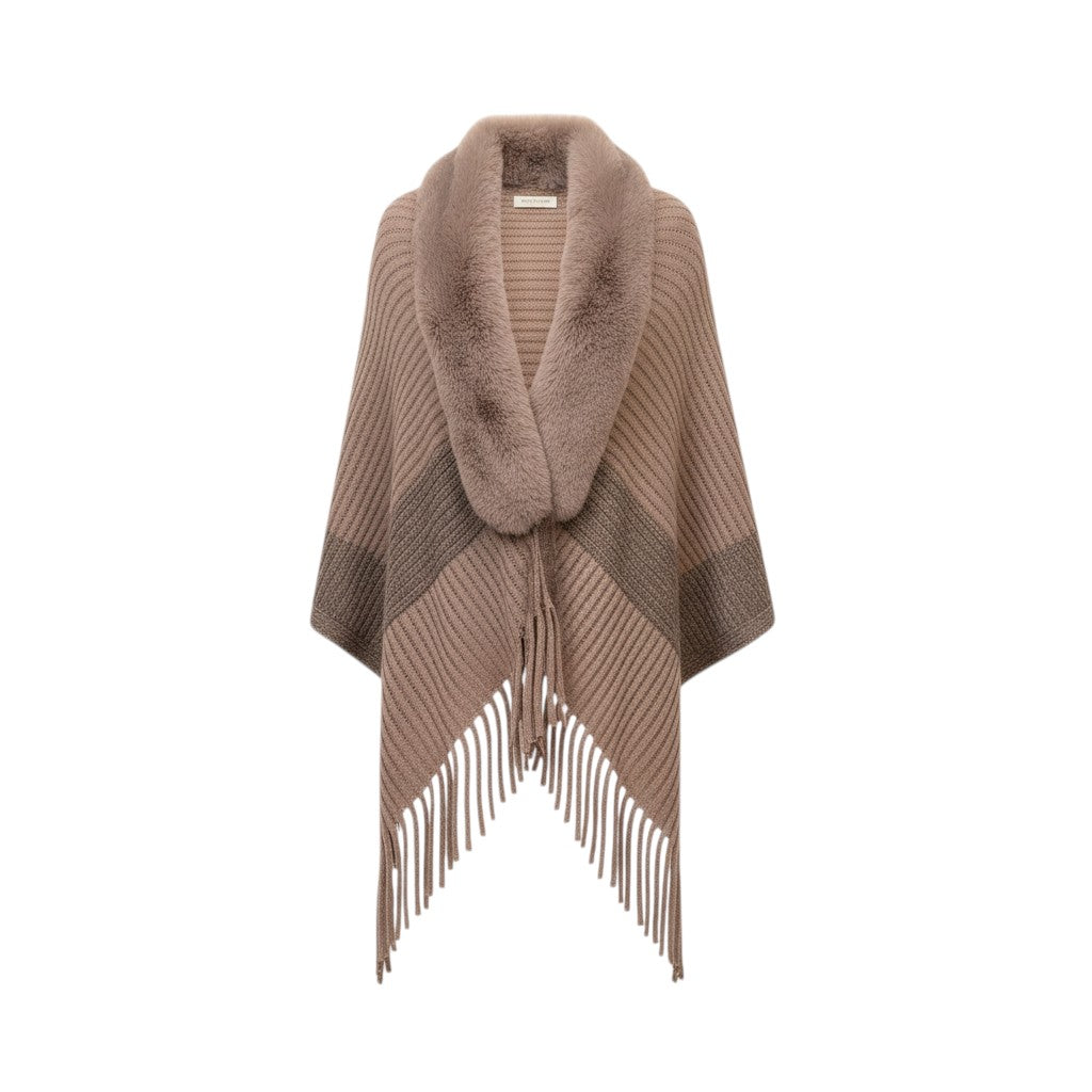 COMFORTH taupe knit poncho wrap with faux fur collar and fringe detail