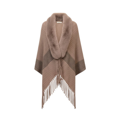 COMFORTH taupe knit poncho wrap with faux fur collar and fringe detail