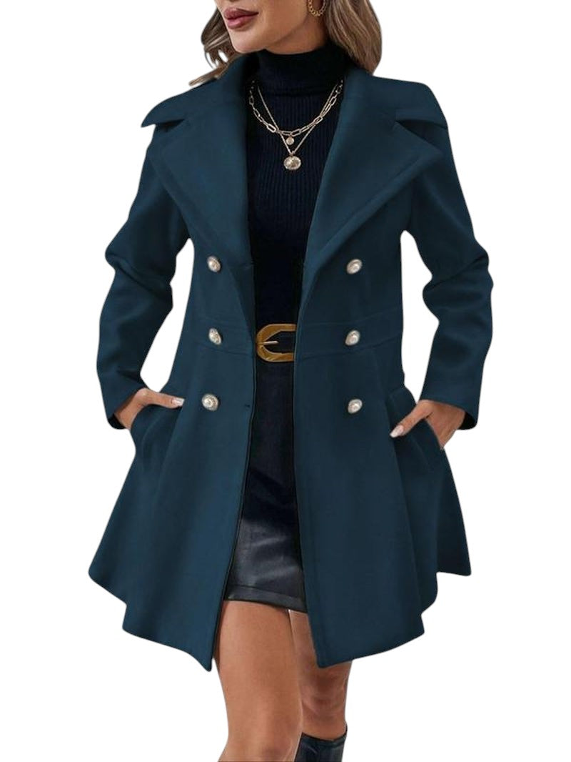 COMFORTH Women's double-breasted peacoat in teal blue with lapel collar and pearl buttons. A-line silhouette, tailored fit.