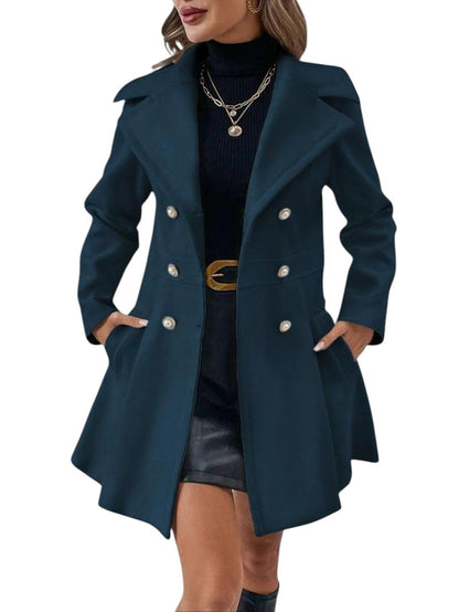 COMFORTH Women's double-breasted peacoat in teal blue with lapel collar and pearl buttons. A-line silhouette, tailored fit.