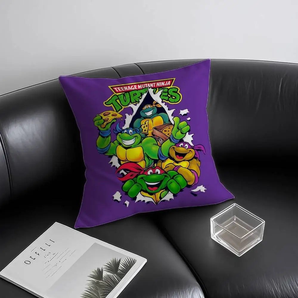 COMFORTH Teenage Mutant Ninja Turtles decorative throw pillow with Leonardo, Donatello, Michelangelo, and Raphael. Purple pillow with vibrant character print.