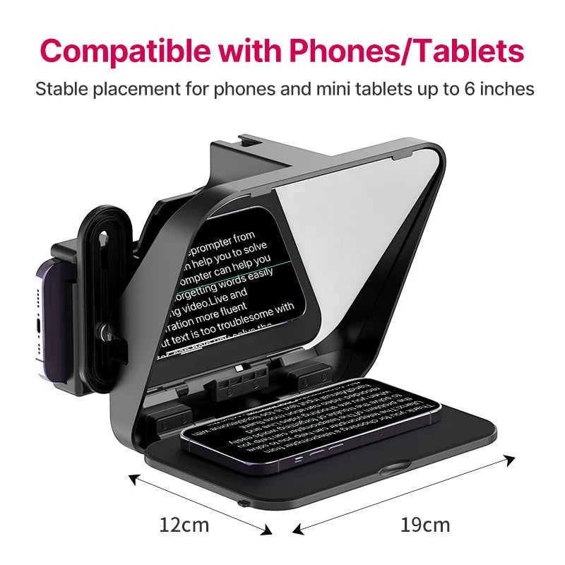 COMFORTH teleprompter for phones and tablets up to 6 inches, with Bluetooth remote. Black.