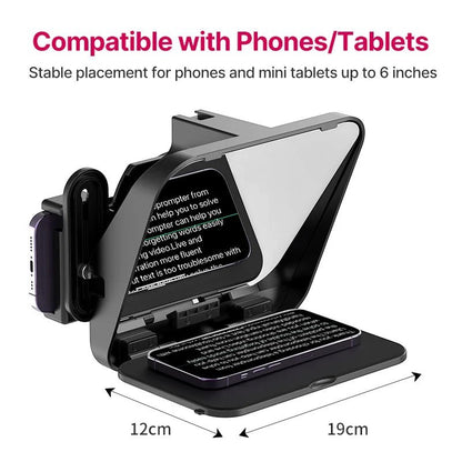 COMFORTH teleprompter for phones and tablets up to 6 inches, with Bluetooth remote. Black.