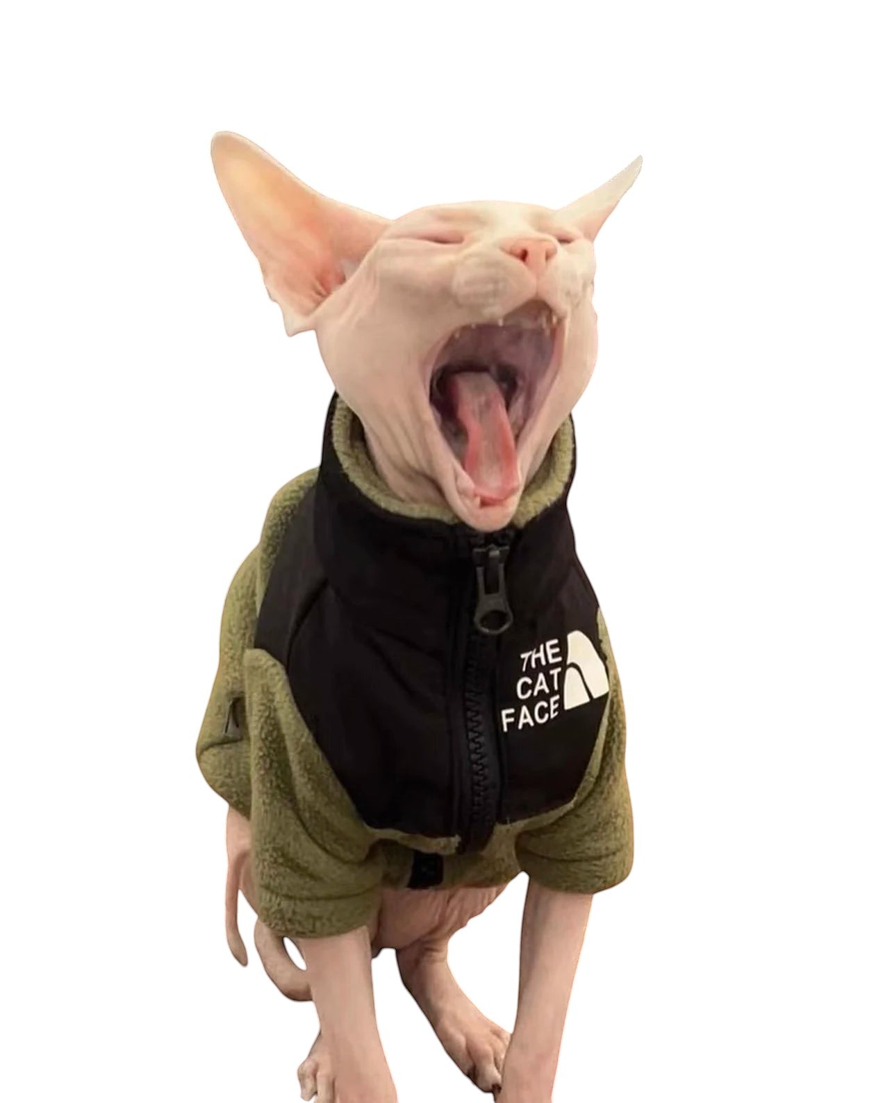 COMFORTH The Cat Face Fleece Pet Jacket in olive green and black, featuring a zipper and high collar. Designed for warmth and comfort.