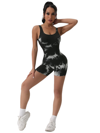 COMFORT black and white tie-dye ribbed athletic bodysuit short with scoop neck and racerback