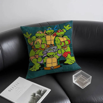 COMFORTH Teenage Mutant Ninja Turtles decorative throw pillow featuring Leonardo, Donatello, Michelangelo, and Raphael on a teal background.