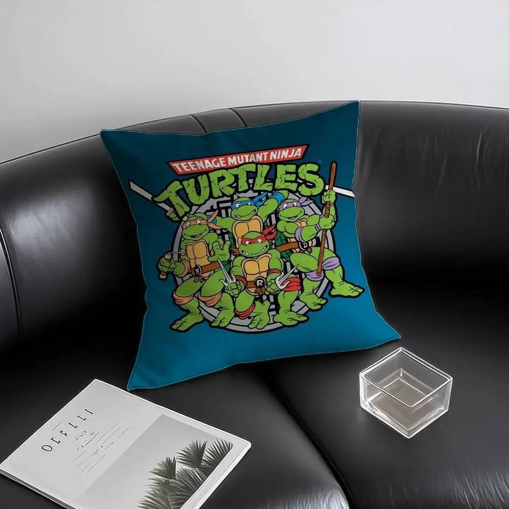 COMFORT Teenage Mutant Ninja Turtles decorative throw pillow featuring Leonardo, Donatello, Michelangelo, and Raphael on a teal background.