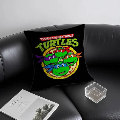 COMFORT Teenage Mutant Ninja Turtles decorative throw pillow featuring the four turtles on a pizza background. Black pillow.