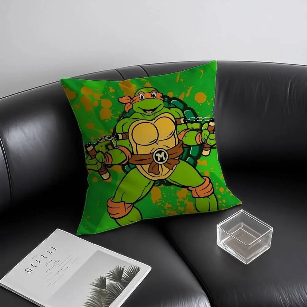 COMFORTH Teenage Mutant Ninja Turtles decorative throw pillow featuring Michelangelo on a green background with orange splatters.
