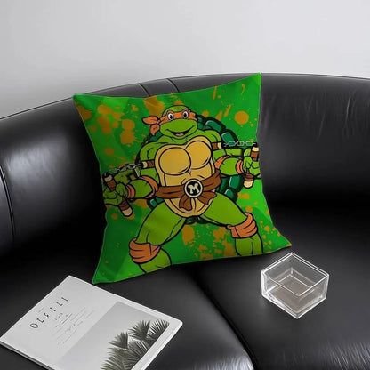 COMFORTH Teenage Mutant Ninja Turtles decorative throw pillow featuring Michelangelo on a green background with orange splatters.
