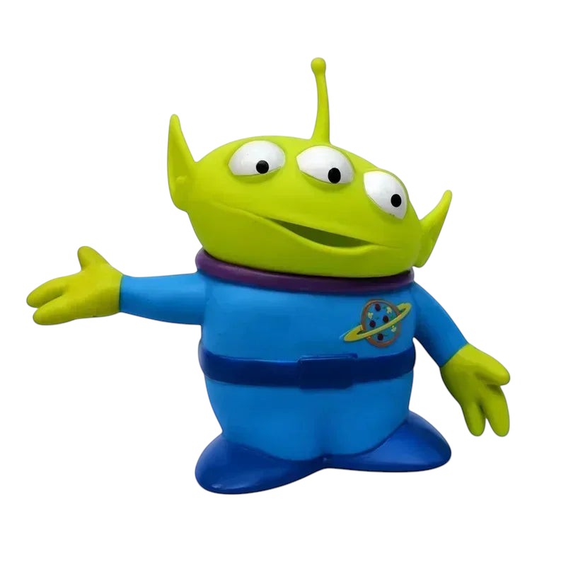 COMFORT Toy Story Alien figure, bright green with three eyes, wearing a blue uniform with Pizza Planet logo. Articulated arms and head.