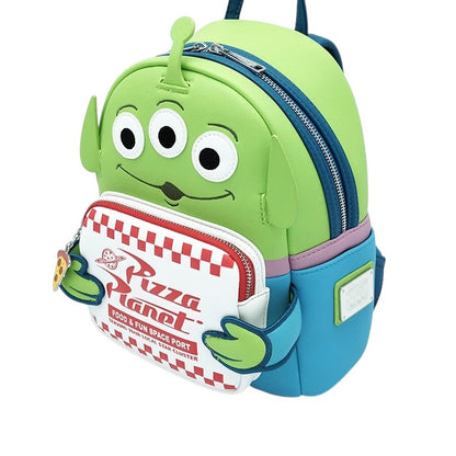 COMFORTH Toy Story alien backpack with Pizza Planet front pocket, green, blue, and pink vegan leather.