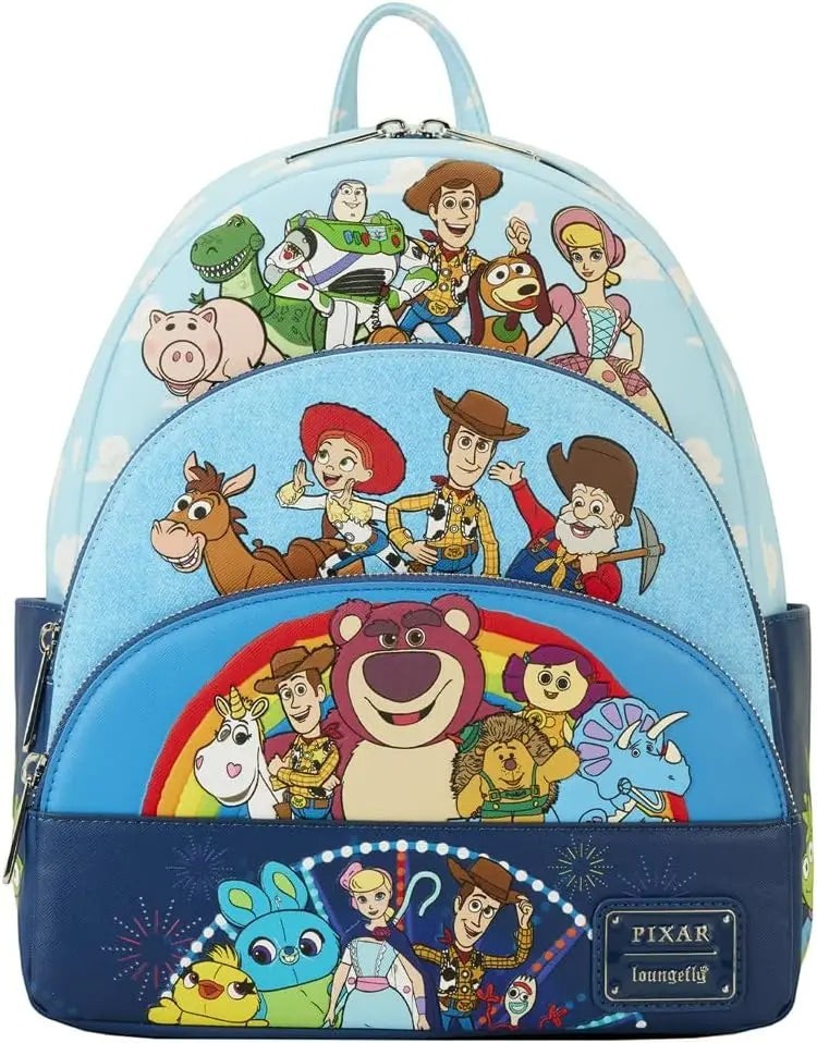 COMFORTH Toy Story characters backpack with Woody, Buzz Lightyear, Rex, Bo Peep, Lotso, and more. Blue faux leather with colorful character print.
