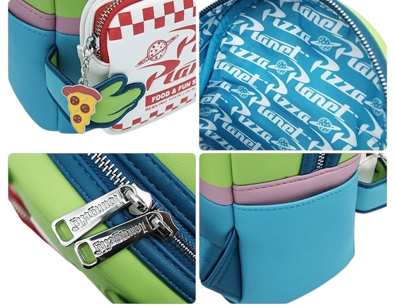 COMFORTH Toy Story Woody and Alien Pizza Planet backpack in green, blue, pink, and white vegan leather with checkered front pocket and pizza charm.