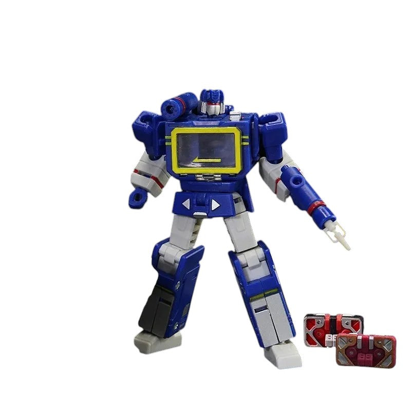 COMFORTH Transformers Soundwave action figure in blue with silver and red accents, featuring a yellow-tinted screen and cassette minions.