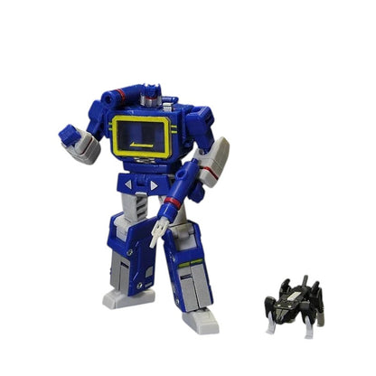 COMFORTH Transformers Soundwave action figure in blue with silver and red accents, featuring a yellow-screened chest and a mini cassette minion.