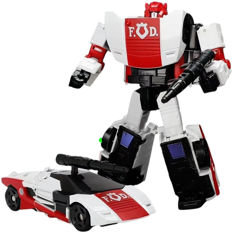COMFORTH transforming robot action figure in red, white, and black, shown in robot and car modes. Features "F.D." emblem.