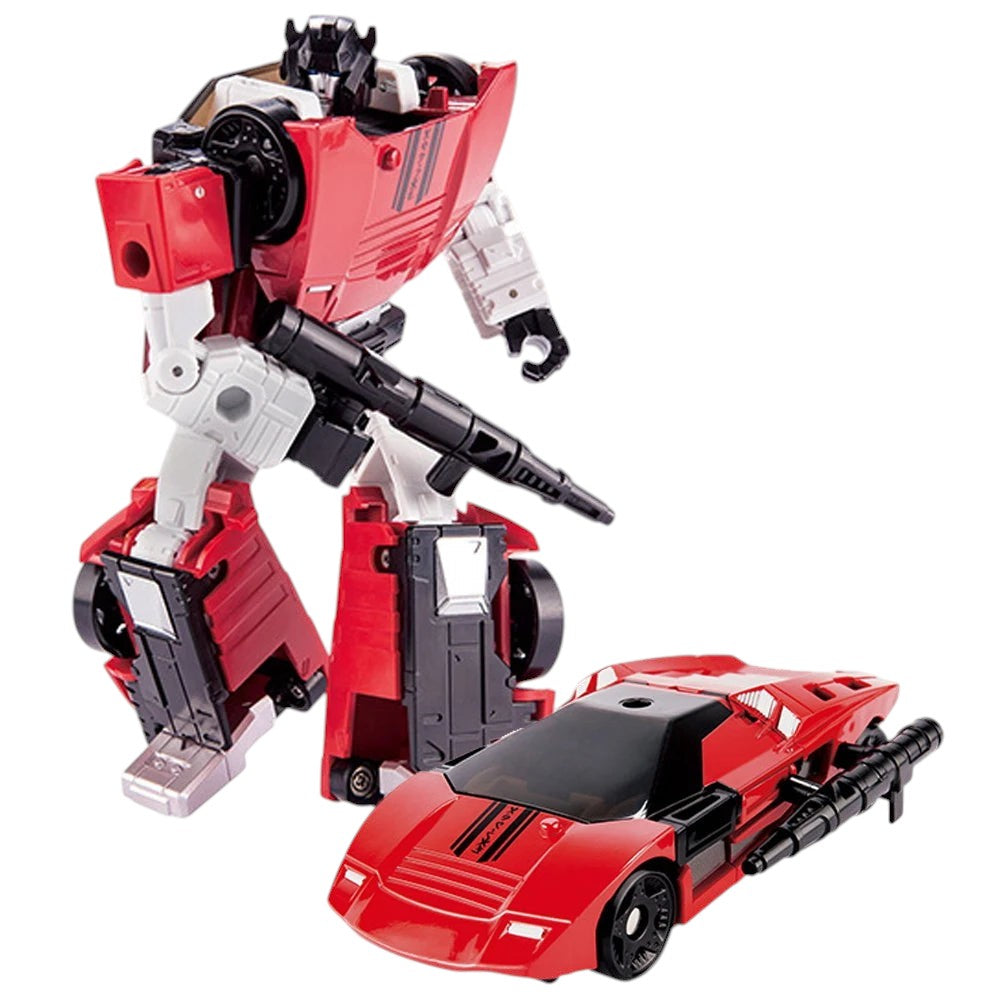COMFORTH red and white transforming robot action figure with black accents, holding a black weapon. Also shown is its alternate red sports car mode.