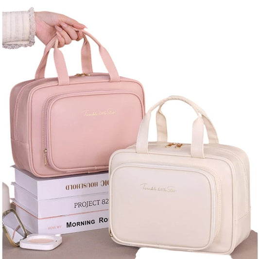 COMFORT pink and cream PU leather travel makeup bag organizer with gold zipper and "Twinkle little Star" embroidery.