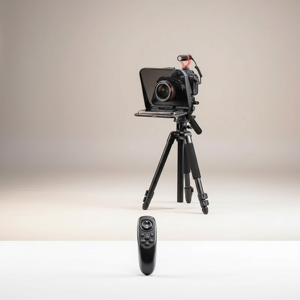 COMFORTH Ulanzi teleprompter with phone/tablet mount, camera, and Bluetooth remote on tripod